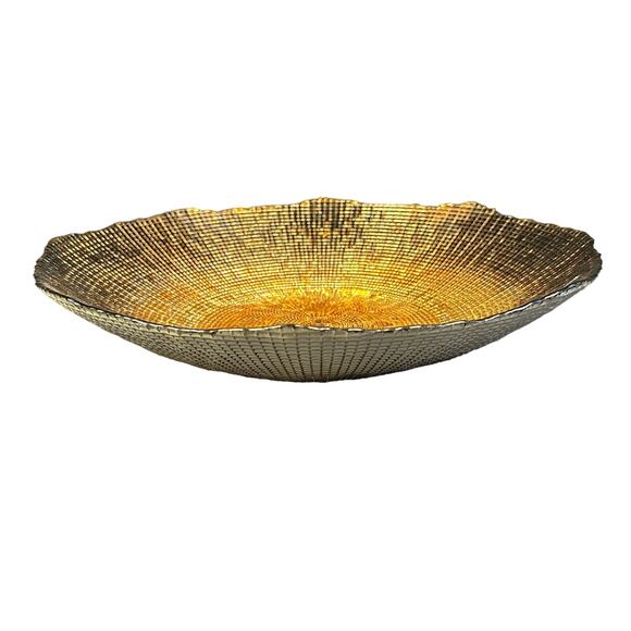 Bronze Gold Art Glass Design Large Centerpiece Scalloped Edge Bowl-16" Diameter! - Picture 2 of 10
